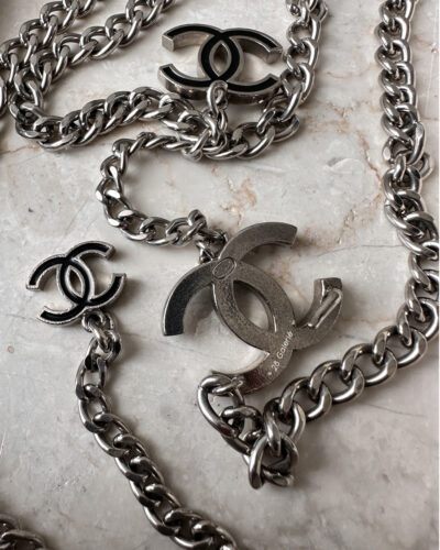 Chanel Silver and Black Logo Chain