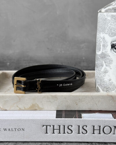 Authentic Saint Laurent Black Cassandre Belt in Calfskin Leather and Gold Hardware