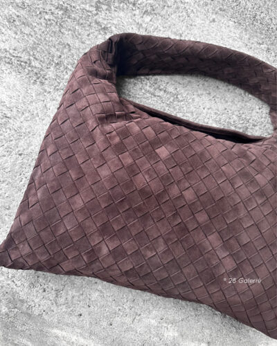 Bottega Veneta Small Brown Hop Hobo Bag in signature Intrecciato suede. A soft, timeless design that combines luxury craftsmanship with everyday elegance.
