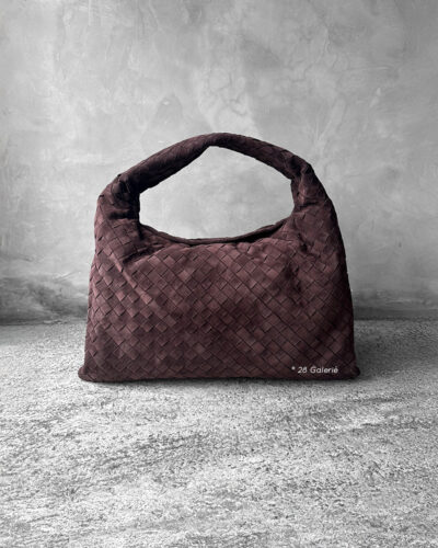 Bottega Veneta Small Brown Hop Hobo Bag in signature Intrecciato suede. A soft, timeless design that combines luxury craftsmanship with everyday elegance.