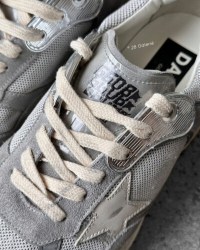 Golden Goose Dad-Star sneakers in suede and silver mesh, combining retro-inspired style with signature distressed detailing.