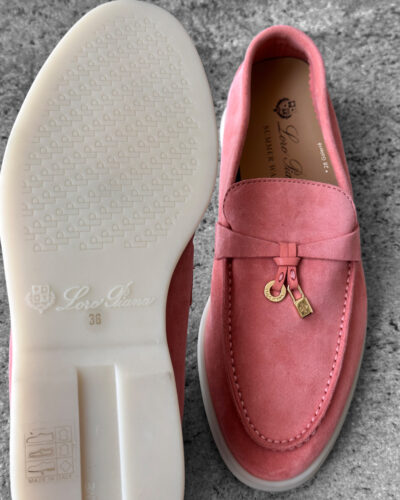 Loro Piana Rain Coral Summer Charms Walk Loafers in soft suede, featuring the iconic charm detail and effortless casual elegance.