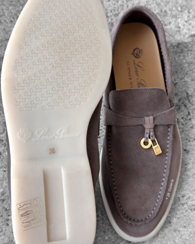 Loro Piana Rain Drops Summer Charms Walk Loafers in supple suede with signature charm detail, blending luxury craftsmanship and casual elegance.