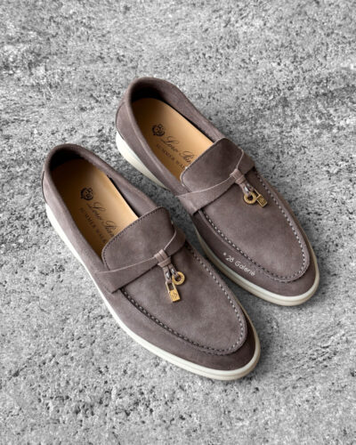 Loro Piana Rain Drops Summer Charms Walk Loafers in supple suede with signature charm detail, blending luxury craftsmanship and casual elegance.