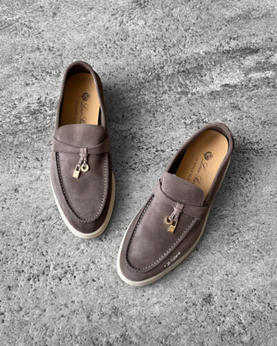 Loro Piana Rain Drops Summer Charms Walk Loafers in supple suede with signature charm detail, blending luxury craftsmanship and casual elegance.