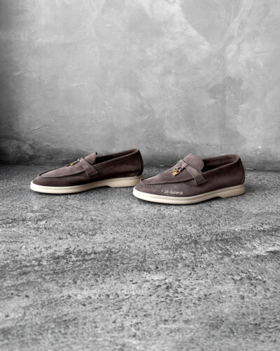 Loro Piana Rain Drops Summer Charms Walk Loafers in supple suede with signature charm detail, blending luxury craftsmanship and casual elegance.