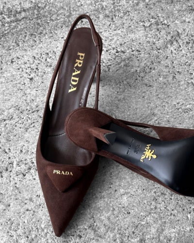 Prada Dark Brown Suede Slingback Pumps with 75mm heel, size 36.5. A timeless, elegant silhouette crafted in soft suede.