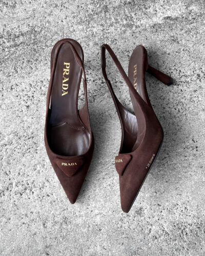 Prada Dark Brown Suede Slingback Pumps with 75mm heel, size 36.5. A timeless, elegant silhouette crafted in soft suede.