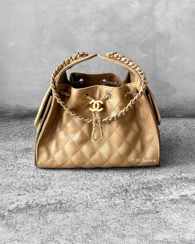 Small Dark Beige C25 Quilted Caviar and Aged Gold Tone Hardware