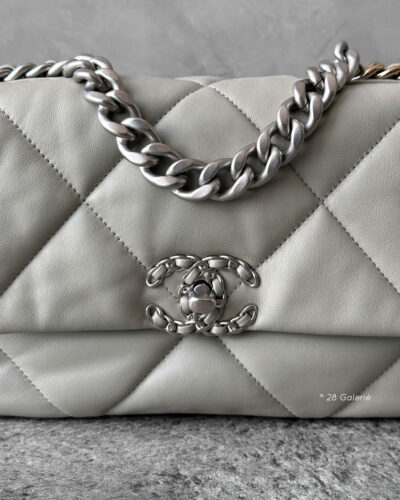 Chanel 19 Medium Light Grey Quilted Lambskin in Gold & Silver Hardware