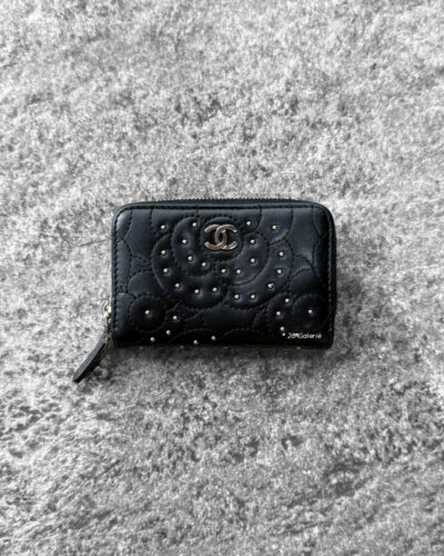 Black Studded Camellia Zippy Wallet Lambskin Leather and Silver Hardware