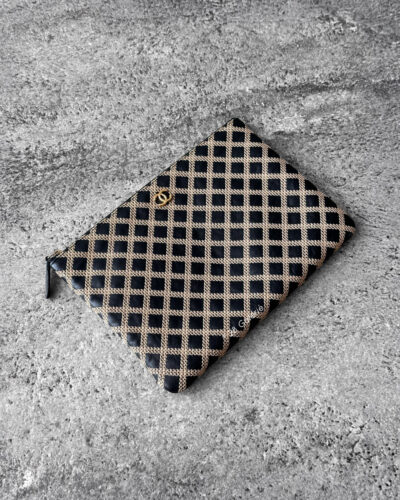 Chanel Black Beige O-Zippy Large Pouch Calfskin Double Stitch and Gold Hardware